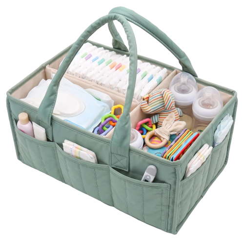 Baby Diaper Caddy Organizer Waterproof Polyester Nursery Storage Basket with 10 Exterior Pockets & 2 Removable Dividers 15x9.8x7 in
