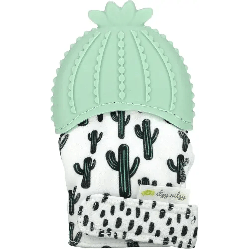Itzy Ritzy Silicone Teething Mitt - Soothing Infant Teething Mitten with Adjustable Strap, Crinkle Sound & Textured Silicone to Soothe Sore & Swollen Gums - For Ages 3 Months & Up (Cactus)