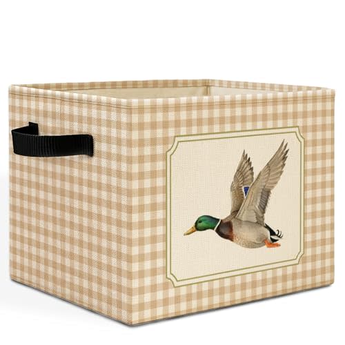 Mallard Duck Checkered Nursery Storage Bins Box with Handles, Beige White Plaid Flying Mallard Laundry Basket Hamper Collapsible Clothes Toys Organizer for Boys Kids Room Bathroom