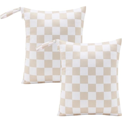 Ohocut Beige Khaki Checkered Waterproof Wet Dy Diaper Bag for Baby Essentials, Travel, Swimsuit, Beach Bag Accessories, Aesthetic Trendy Cute Toddler Baby Cloth Bag Pouch, Pack of 2