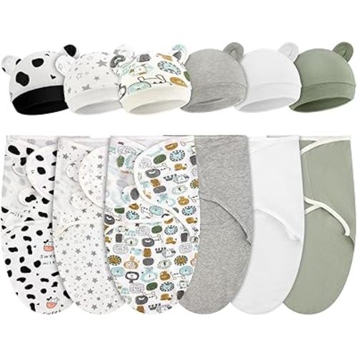 VitalCozy 6 Pack Preemie Swaddle Blanket Wrap with Hat Set Cotton Baby Swaddle Wrap Hat Set for Preemie Newborn Boys Girls (Neutral Series,for 3-7 Lbs)