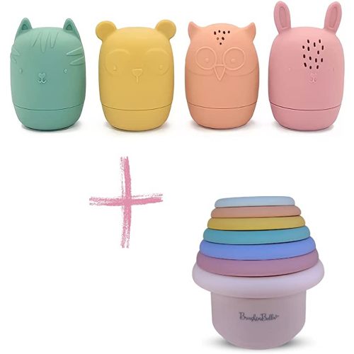 BrushinBella Silicone Bath Toys 4-Pack - Cleanable Silicone Toys with Montessori Stackable Cups - Baby Bath Toys - Dishwasher-Safe Bath Toys - Toddler Tub Toys - Baby Bath Essentials