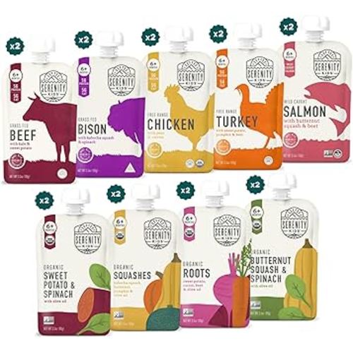 Serenity Kids 6+ Months Meats + Veggies Mixed Baby Food Puree Pouch Variety Pack 18 Count- No Sugary Fruits or Added Sugar - 3.5 Oz BPA & Allergen Free Pouch- Baby Puree Variety Pack - Pouches - Bison