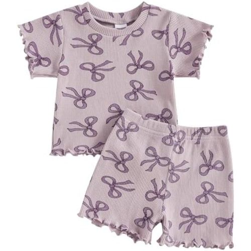 Kaipiclos 2Pcs Toddler Baby Girl Summer Outfits Short Sleeve Ribbed Knit Lettuce Trim T-Shirt Tops + Shorts Set