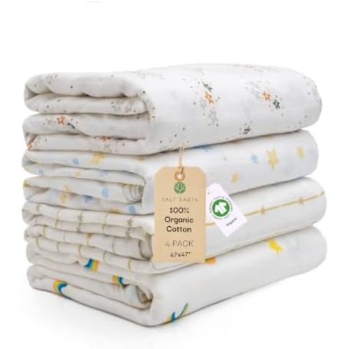 47"x 47" GOTS 100% Organic Cotton Swaddle Blanket 4 Pack (Star/Rainbow)