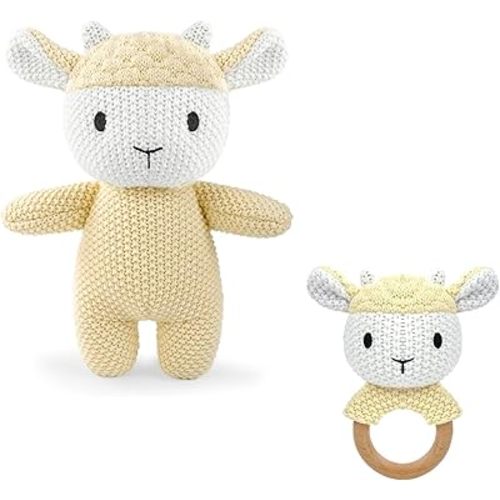 10" Crochet Sheep Stuffed Animal with Rattle, Pure Cotton Soft Crochet Doll Plush Toy for Newborn, Handmade First Birthday Gift