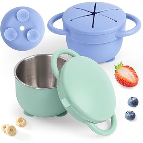 Daximo 2 Pack Toddler Snack Cups with Suction Base — 4-in-1 Detachable Stainless Steel Cups, Snack Cups for Toddlers Spill Proof with Silicone Lids & Handles for Mess-Free Snacking