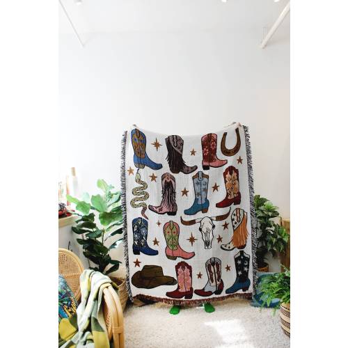 Howdy Cowgirl! Boots Multi-Color Tapestry Blanket - Cotton Throws - Housewarming Gift - Bohemian Colorful Home Decor