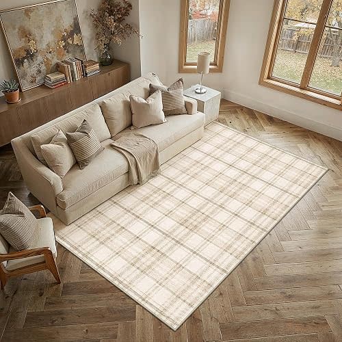 WondRg 5x7 Beige Plaid Living Room Area Rug