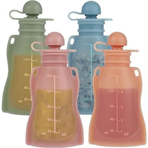Eascrozn Reusable Baby Food Pouches with Straws, 4 Pack Refillable Silicone Squeezable Pouch for Kids Toddlers, BPA Free, Baby Food Storage Containers for Make Homemade, 5 oz