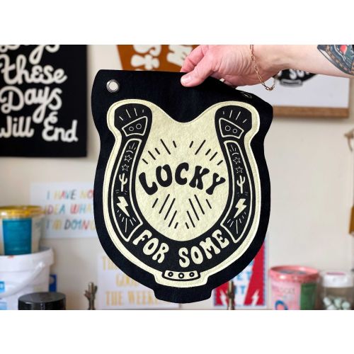 LUCKY FOR SOME, horseshoe print, pennant flag, screen printed, felt pennant, quote banner
