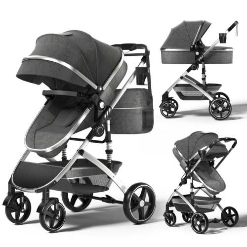 TEAYINGDE 2 in 1 Baby Stroller,Foldable Lightweight Carriage Reversible Bassinet Pram for Toddler,Travel Stroller with with Cup Holder、Storage Bag,Gray
