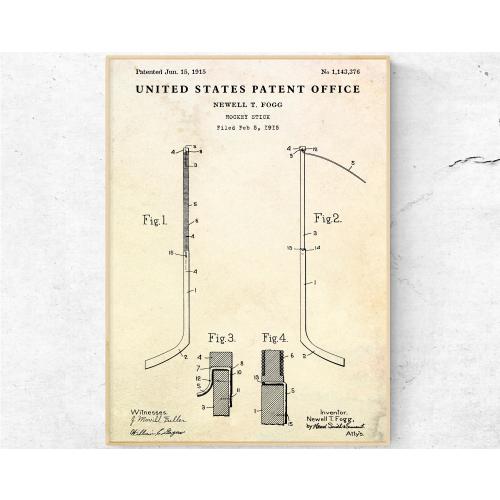 Hockey Stick 1915 Patent Print. Winter Sports Invention Poster Blueprint Wall Art. Ice Hockey Player Gift. Ready to Hang Canvas