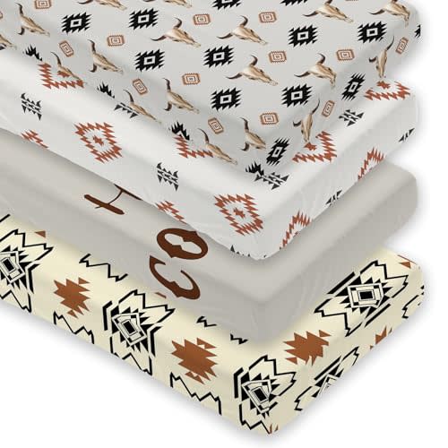4 Pack Western Crib Set for Baby Boys, Soft Breathable Fitted Crib Sheet 28 x 52 in, Aztec Cowboy Nursery Decor for Standard Crib and Toddler Bed Mattresses