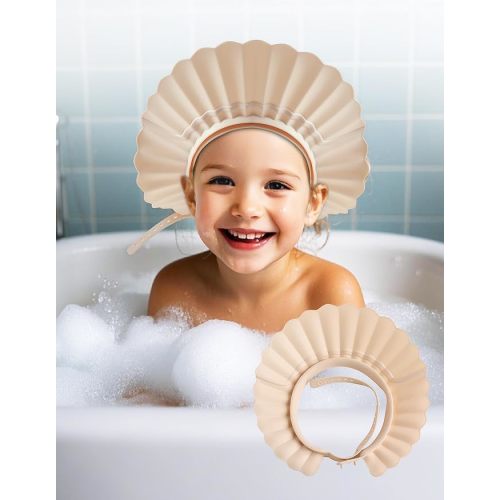 Kids Shower Cap, Baby Hair Washing Shield, Bath Eye Ear Head protector, Bathing Visor for Toddlers, Air Cushioned Shampoo Caps with 22-Size Adjustment for 6Month+ to Adult (White)