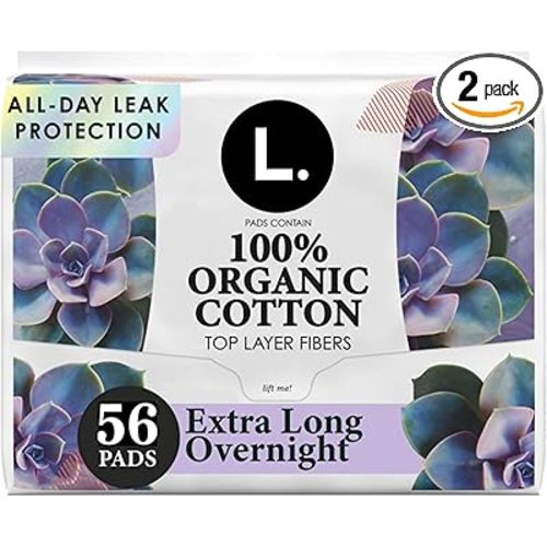 L. Extra Long Maxi Pads for Women, Overnight Absorbency, Organic Cotton Top Layer, Unscented Pads with Wings, 56 Count (2 Packs of 28)