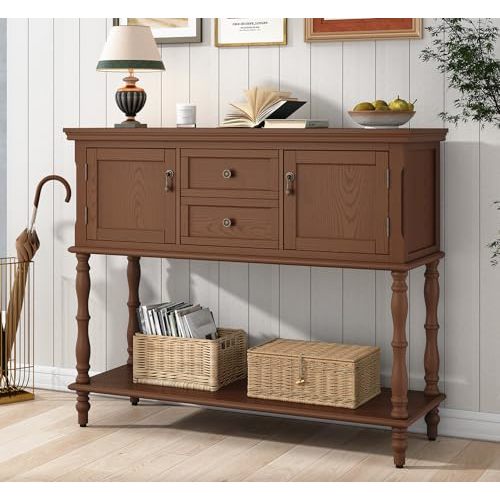 ARTPOWER Console Table with 2 Drawers, Retro Entryway Table with 2 Door | Solid Wood Veneer Entry Table, Behind Couch Sofa Table with Open Storage Shelf for Living Room, Foyer, Hallway
