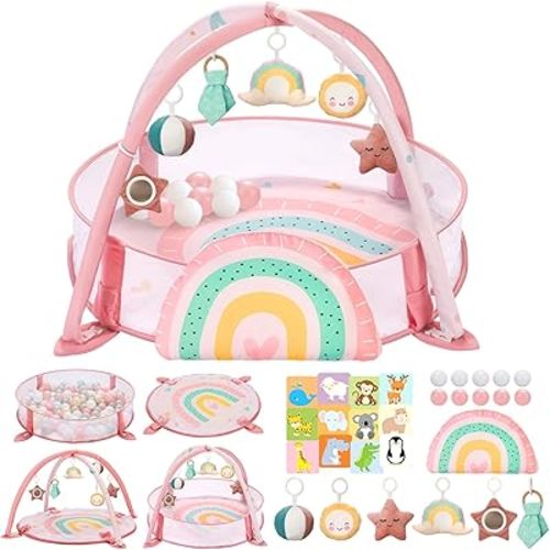7-in-1 XL Large Baby Play Gym Mat, Tummy Time Mat, Baby Gym & Ball Pit, Baby Activity Mat with Milestone Cards & 6 Detachable Toys for Sensory Motor Skill, Rainbow