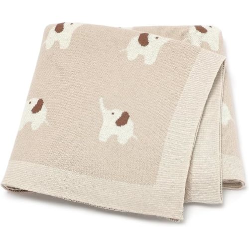 Hadetoto 100% Cotton Baby Blanket Knit Soft Cozy Swaddle Receiving Blankets Toddler Infant Blanket with Lovely Elephant for Newborn Boy Girls - Camel, 90 x 70cm