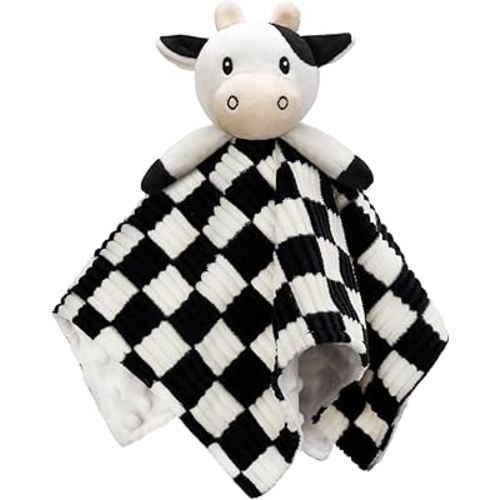 Cow High Contrast Baby Security Blanket for Babies, Soft 3D Checkerboard Lovey with Minky Dot Fabric Backing, Newborn Boys and Girls Snuggle Stuffed Animal Blankie 14 Inch