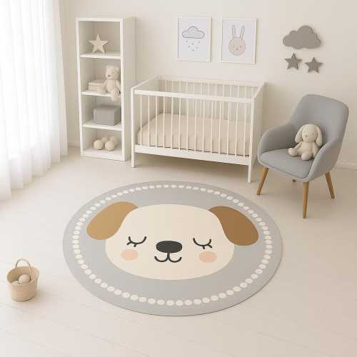 Dog Nursery Rug: Round Puppy Play Mat, Scandinavian Boho Decor