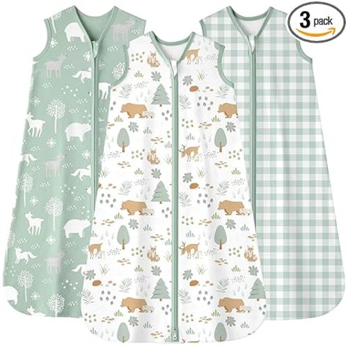 Baby Sleep Sack 6-12 months, 100% Cotton Sleeping Sack for Newborn and Infant, 3 Pack Baby Wearable Blanket, 0.5 Tog Lightweight Double Zipper Sleep Bag Medium Green Forest Bear