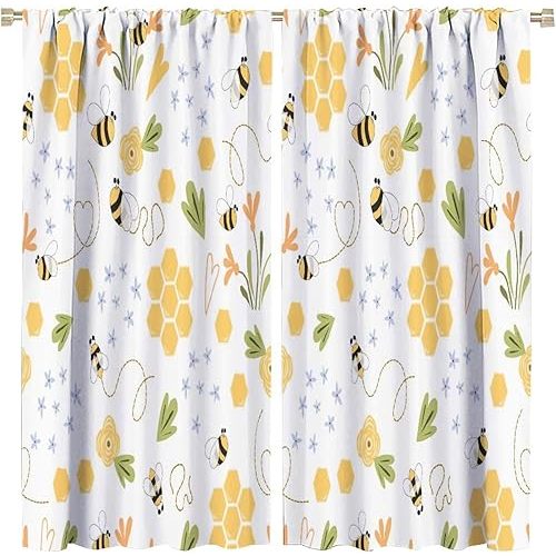 Kids Bee Blackout Curtain,Cartoon Cute Floral Window Curtain Yellow Sweet Plant Darkening Drapes Rod Pocket Cafe Dining Room Bedroom Living Room Kitchen 2 Panels 42x45 in
