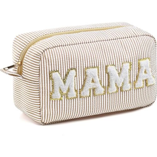 Sanwuta Seersucker Cosmetic Bags Mama Bag Chenille Letter Seersucker Makeup Bags Stripe Women Pouch Large Preppy Storage Pouch Toiletry Travel Organizer, Gifts for Mom Women