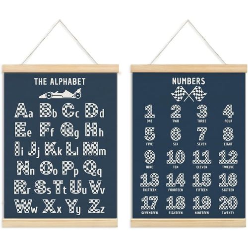 ULEGIE Alphabet Race Car Room Decor for Boys Wall Poster, Educational Posters For Preschoolers, Kids Playroom Art Prints Boys Race Car Poster Nursery Artwork Set of 2 for Bedroom, 12 x 16 Inch Navy Blue