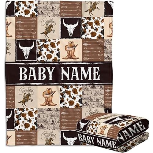 Personalized Baby Blankets for Boys, Western Baby Stuff, Cowboy Blanket for Baby Girls, Custom Name Western Nursery Decorations, Crib Stroller Blankets for Toddlers Newborn (04)