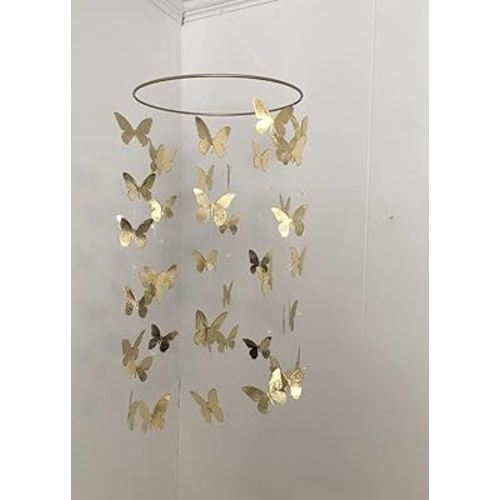 Elegant Hanging Butterfly Mobile with Crystals – Gold Ring Decorative Ceiling Art for Nursery or Room Decor (6 inches)