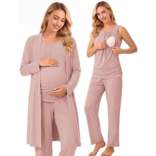 Women 3PCS Maternity Robe Sets Nursing Pajamas Postpartum Breastfeeding Pjs | Women Labor Delivery Robe,Maternity Loungewear Set,Comfy Nursing Top Pant,3PCS Postpartum Lounge Set,Hospital Pregnancy Pjs - Tamaño Small, Color Dirty Pink