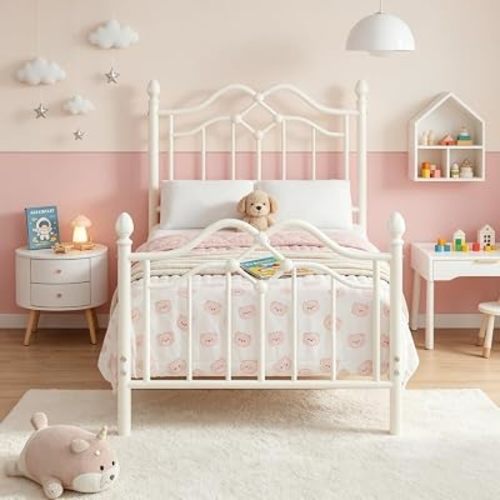 Twin Metal Bed Frame with Classical Headboard and Footboard, White