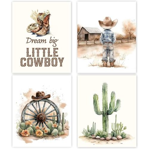 LCRBF Vintage Western Cowboy Nursery Wall Art Prints Set of 4, Cowboy Nursery Decor Boy, Western Country Wall Art Poster Artwork for Toddler Boys Room Bedroom Playroom Decor, 8x10 Unframed