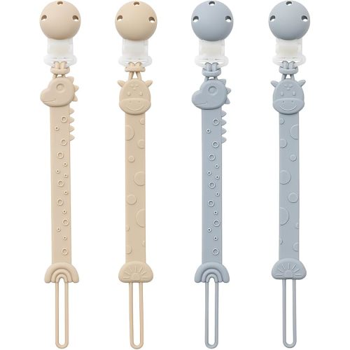 Pacifier Clips for Baby Boys Girls, One-Piece Silicone Pacifier Holder Strap 4 Pack, BPA Free Binky Paci Clips Animal Design, Lightweight Break-Resistant, Dishwasher Safe-Ivory+Baby Blue