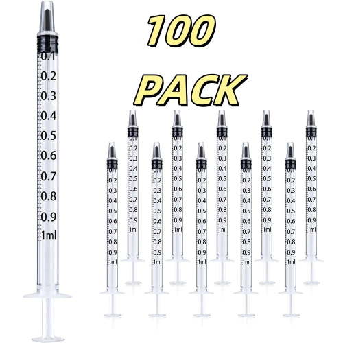 100 Pack 1ml Plastic Syringe, Slip Tip, Individually Sealed, with Measurement, for Oral, Medicine Student, Refilling, Feed Pets, Oil or Glue Applicator
