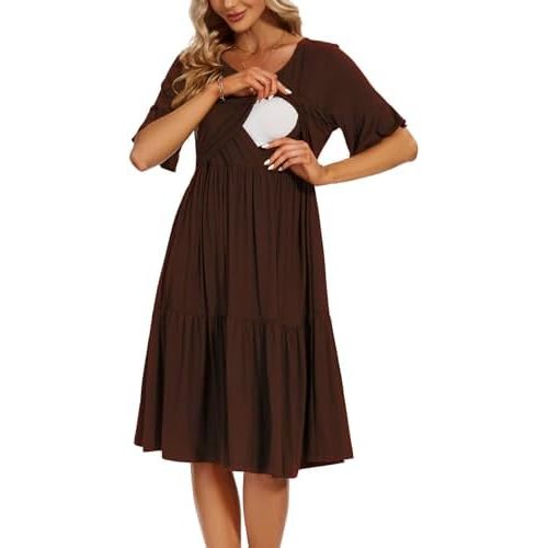 Smallshow Women's Maternity Nursing Dress Ruffle Short Sleeve Breastfeeding Clothes