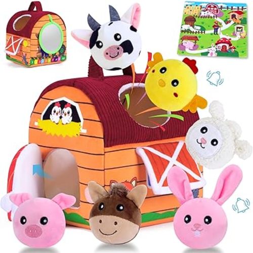 Baby Toys 6-12 Months, Little People Farm with Crinkle, Rattle & Squeaker – Little People Barn with Stuffed Farm Animals for Newborn Infants, Montessori Learning Toys for Baby Christmas Gift