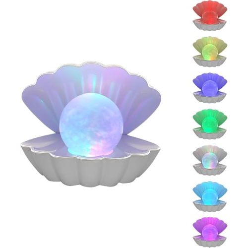 Shell Pearl Beach Themed Night Light, RGB 8 Colors Changing Mood Shell Pearl Lamps, Bedside LED Clamshell Portable Night Lights for Bar (White)