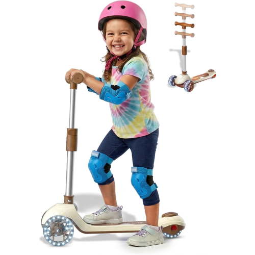 GLIDEZONE Kick Scooter for Kids Ages 3~14, Foldable Toddler Scooter 3 Wheel with LED Lighted, Adjustable Handlebars, Max Load 110lbs (Brown)