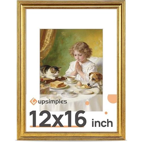 upsimples Vintage 12x16 Frame, Antique Gold Frame Displays 8.5 by 11 with Mat or 12 x 16 Without for Vertical or Horizontal Wall Decor, 1pack