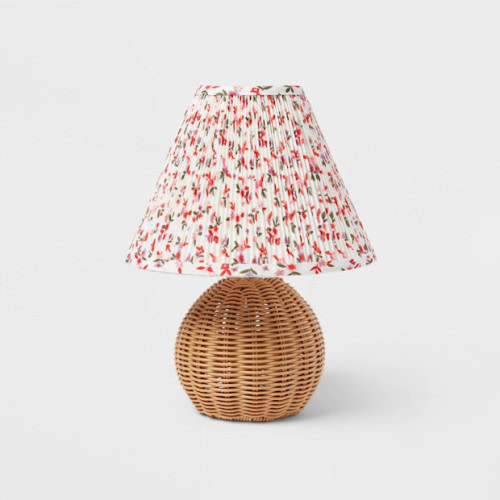 Round Faux Rattan Lamp with Pleated Floral Shade