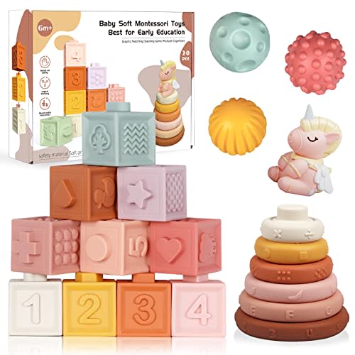 Montessori Toys for Baby Soft Stacking Blocks Rings Balls Sets with Pink Unicorn 3 in 1 Baby Toys Bundle for Babies 6-12 Months Sensory Toys for Toddlers 9-18 Months Infant Teething, Learning Toy