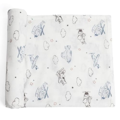 Premium Soft Muslin Cotton Muslin Swaddle Blanket, Silky Baby Receiving Wrap for Newborns Unisex Design, Ideal for Boys and Girls 47x47 Inches (120x120cm) - Large and Comfortable (Airplane & Cloud)