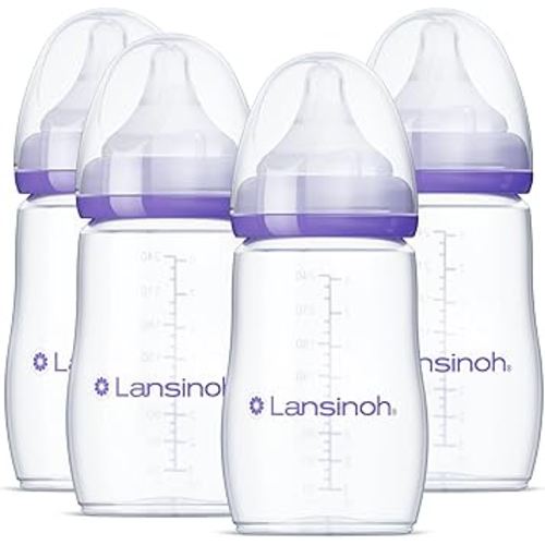 Lansinoh Anti-Colic Baby Bottles for Breastfeeding Babies, 8 Ounces, 4 Count, Includes 4 Medium Flow Nipples, Size M
