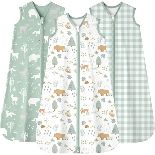 Baby Sleep Sack 12-18 months, 100% Cotton Sleeping Sack for Toddler, 3 Pack Baby Wearable Blanket, 0.5 Tog Lightweight Double Zipper Sleep Bag Large Green Forest Bear