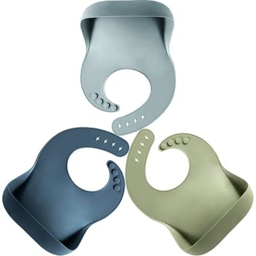 Silicone Baby Bibs Set of 3, Adjustable & Dishwasher Safe, Easy Clean Toddler Bibs with Food Catcher Pocket