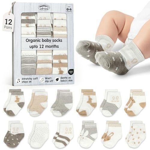 Organic Cotton Blend 12 Sock Shoes for Babies 0-6 M Gift Registry | Oeko-Tex Certified, Ankle Socks, 12 Pairs, Sock Shoes For Baby Girl, Newborn Baby Socks, Brown,Gray,White, Unisex Design,