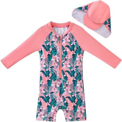 UMELOK Newborn Girls Swimwear Sets One Piece Rash Guard Swimsuit with Sun Hat (Pink, Tropical jungle 0-3 months)