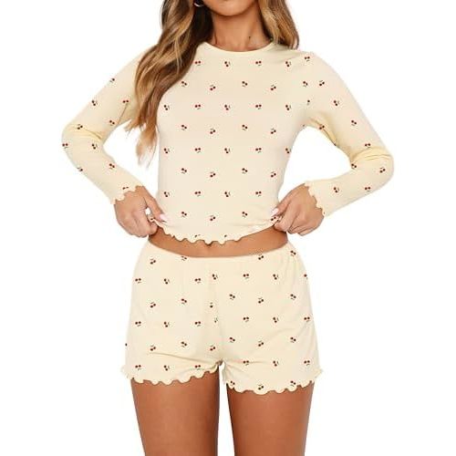 Lacozy Cute Pajama Sets for Women 2 Piece Floral Print Fall Pj Set Woman Long Sleeve Crop Top and Short Y2K Sleep Set